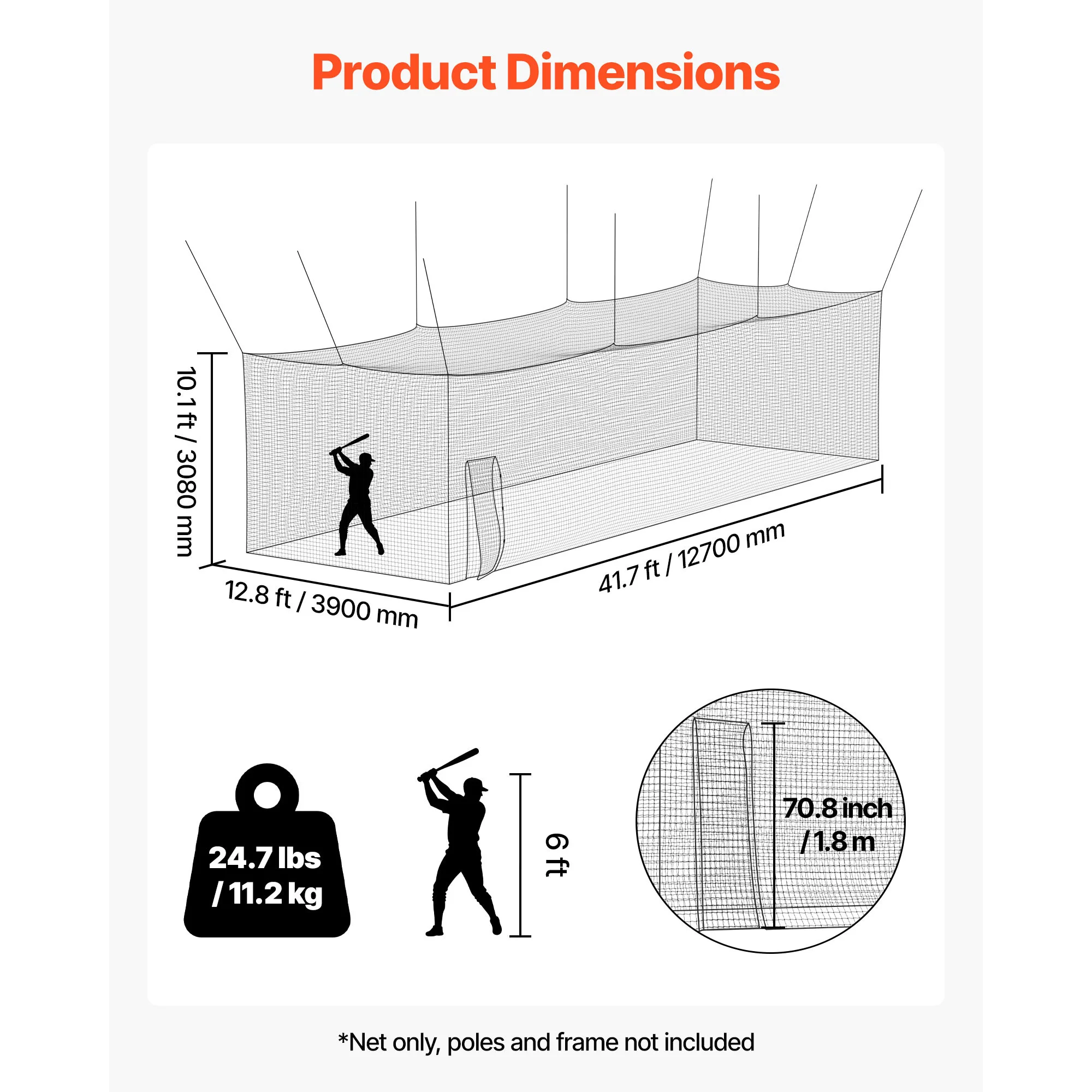 Baseball Batting Cage, 41.7 x 12.8 x 10.1 FT Freestanding Portable Batting Cage, Hitting Cages with 30-Ply Knotted HDPE & Carabiner Hooks, Battings Cages Netting for Indoor, Outdoor (NET ONLY)