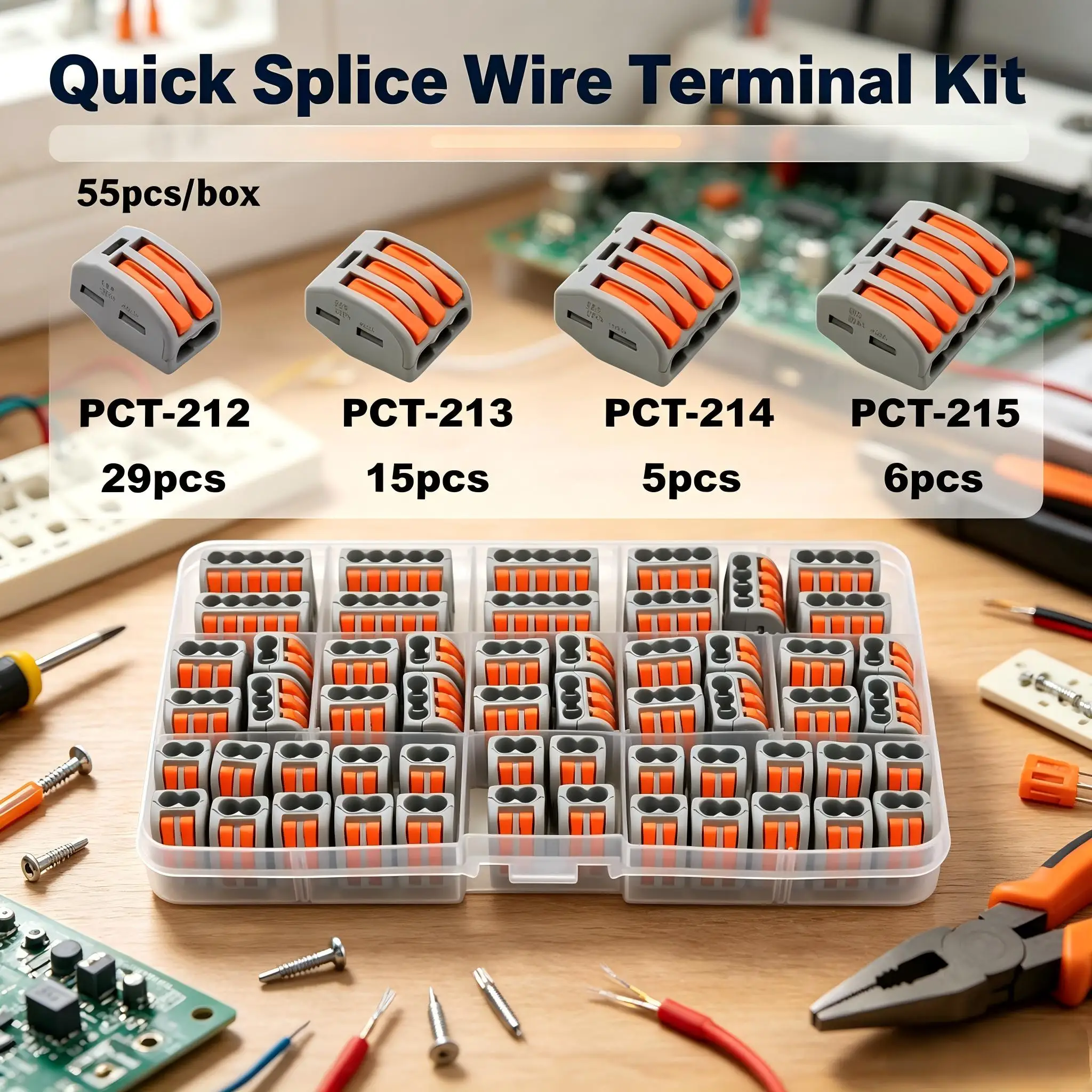 55PCS PCT-212 PCT-213 PCT-214 PCT-215 Quick Connector Terminal Block Assortment Kit Electric Wire Splice Connectors