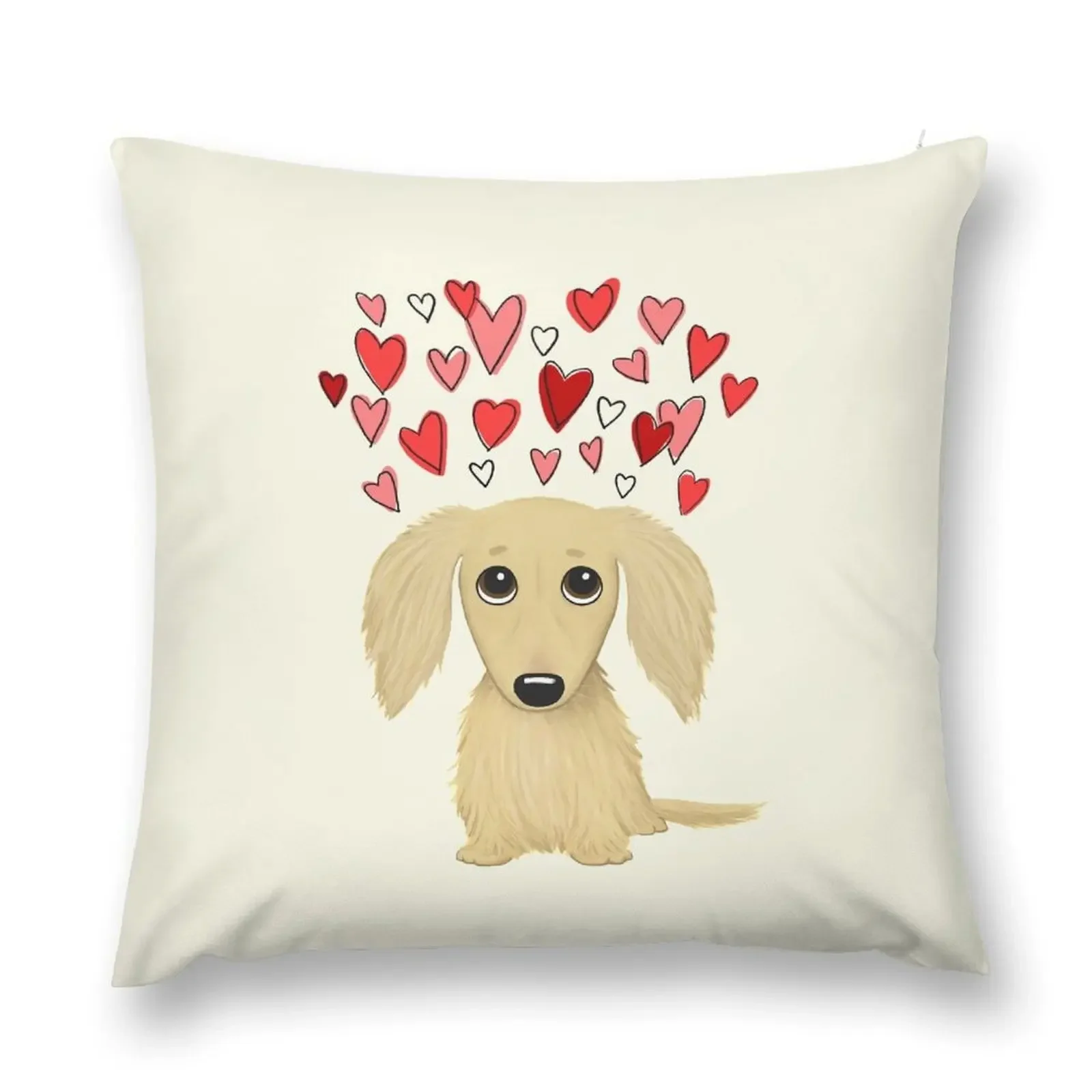 Longhaired Cream Dachshund with Hearts Throw Pillow Decorative Cover For Living Room Cushions Home Decor pillow