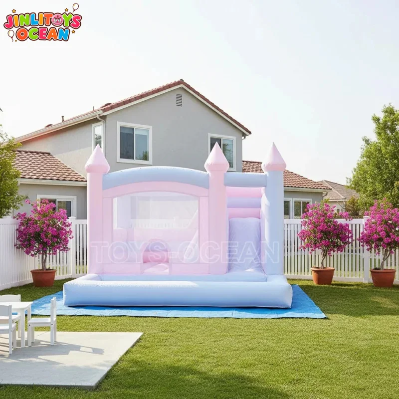 Pastel Pink Blue Inflatable Castle Bounce House Princess Theme Inflatable Bouncer Castle Combo with Slide for Kids Party