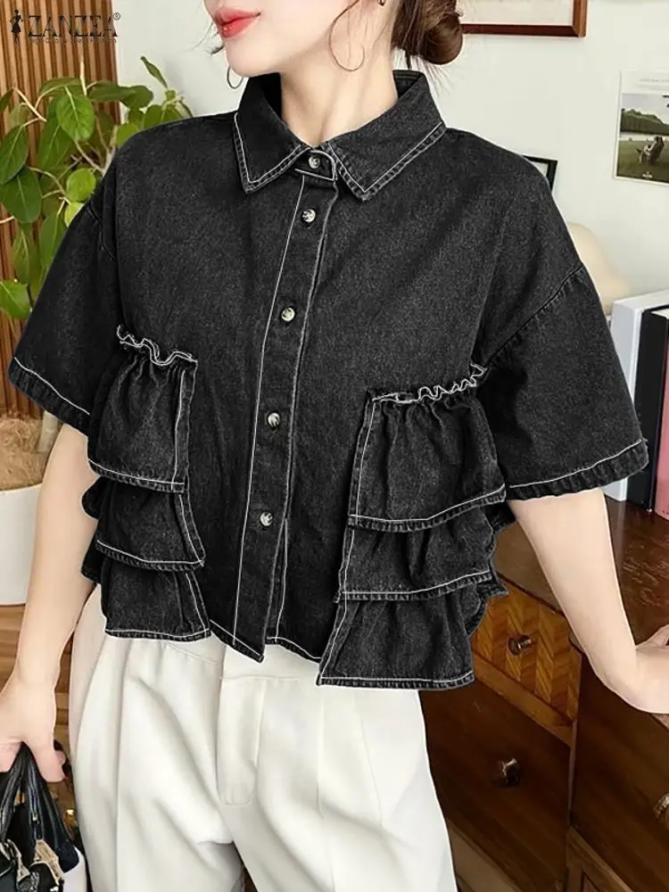 

Ruffled Blouse ZANZEA Women Denim Shirts 2025 Fashion Short Sleeve Casual Loose Buttons Blusas Femininas Buttons Elegant Tops