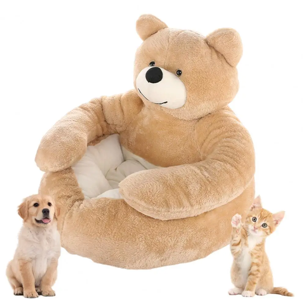 Dog Bed Plush Fabric Semi-enclosed Pet Bed Cozy Teddy Bear Dog Bed with Armrests Fluffy Plush Cat Sofa Non-slip for Pets view 2