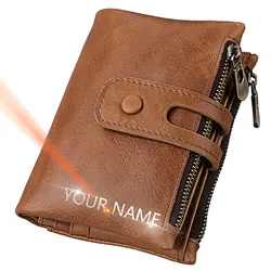 New RFID Men Short Wallets Genuine Cow Leather Name Engraving Card Holder Retro Male Wallet Photo Holder Classic Men's Purse