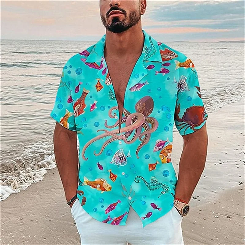 2023 Coconut Tree Men's Shirts 3D Flamingo Print Hawaiian Shirts Single Breasted Beach Short Sleeve Top Fashion Holiday Clothing