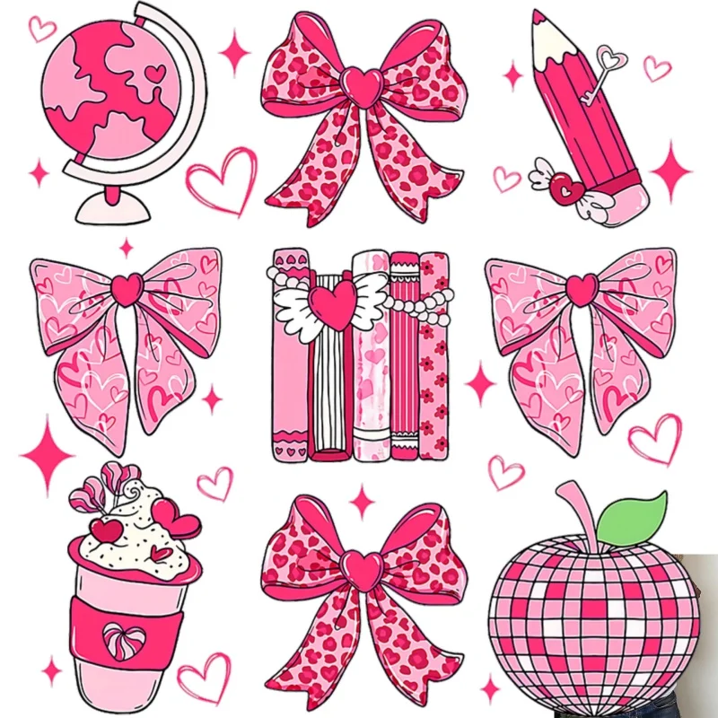 Cute Heart Bow Heat Transfer White Ink Iron - on Patches, Globe Book Pencil Patterns, Suitable for T - shirts & Canvas Bags,
