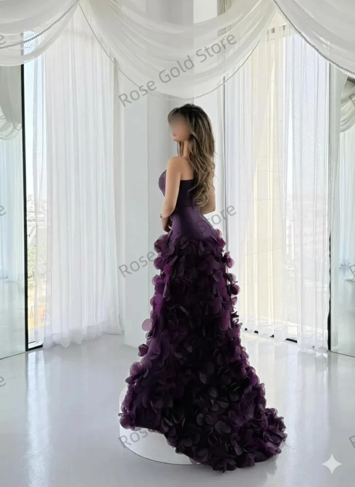 ชุดราตรีสีม่วงสวยหรู ทรงเอไลน์ สายเดี่ยว ประดับดอกไม้ ชุดราตรีแบบสั่งตัด สง่างาม สำหรับงานเลี้ยง งานพรอม พร้อมชายกระโปรงยาว