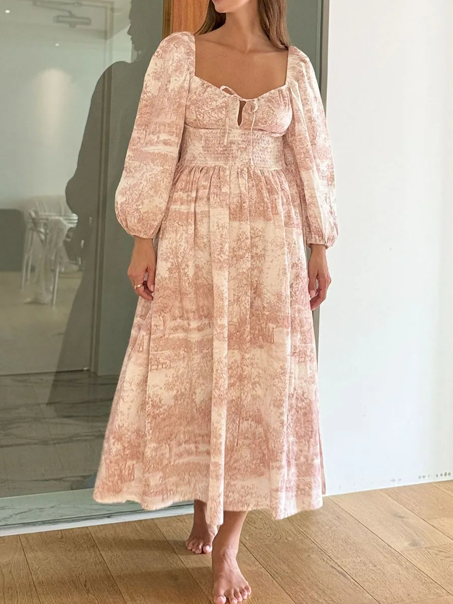 Nuovo abito lungo autunnale da donna elegante cravatta con motivo floreale smocked manica lunga a lanterna abito casual a linea vendita calda SML