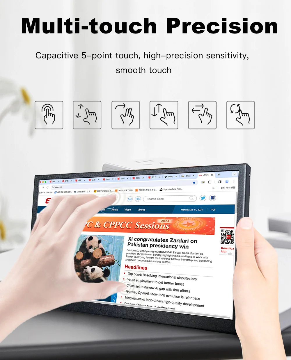 LESOWN Monitor Portabel IPS 10.1 Inci 2560X1600 Layar Sentuh LCD 92% sRGB HDMI USB C Plug & Play untuk Raspberry Pi Windows Gaming