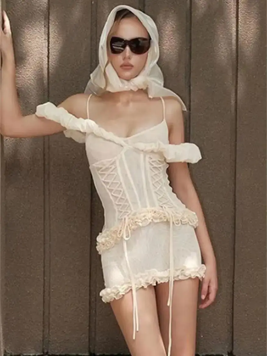 SIsterlinda Trend Mesh Slash Neck Dress Women Sweet Ruffles Shirring Sleeveless Patchwork Stretch Vacation Party Club Bodycon