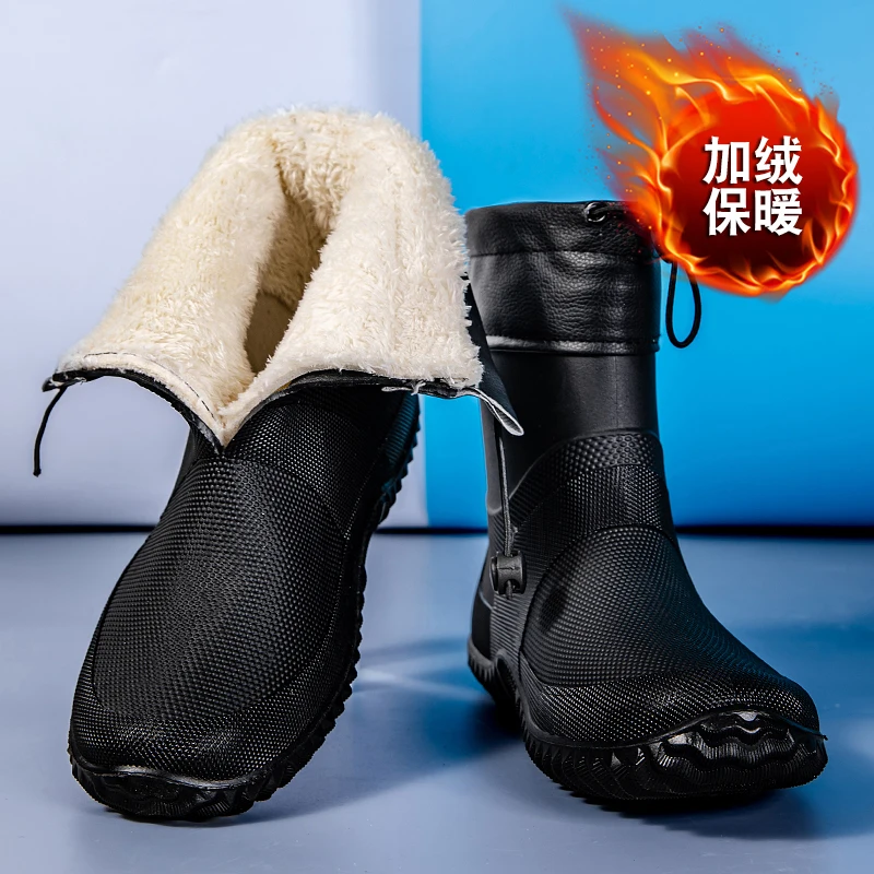 winterMen Mid Calf Rain Boots Waterproof Non-slip Rubber Work Boots Lace Up Outdoor Fishing Boots Wear-resistant Kitchen Water