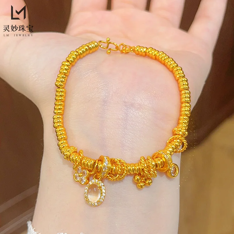 

Longxin same style 9999 white diamond pigeon egg lucky grass dish bracelet 24K real gold running ring bubble bracelet exquisite