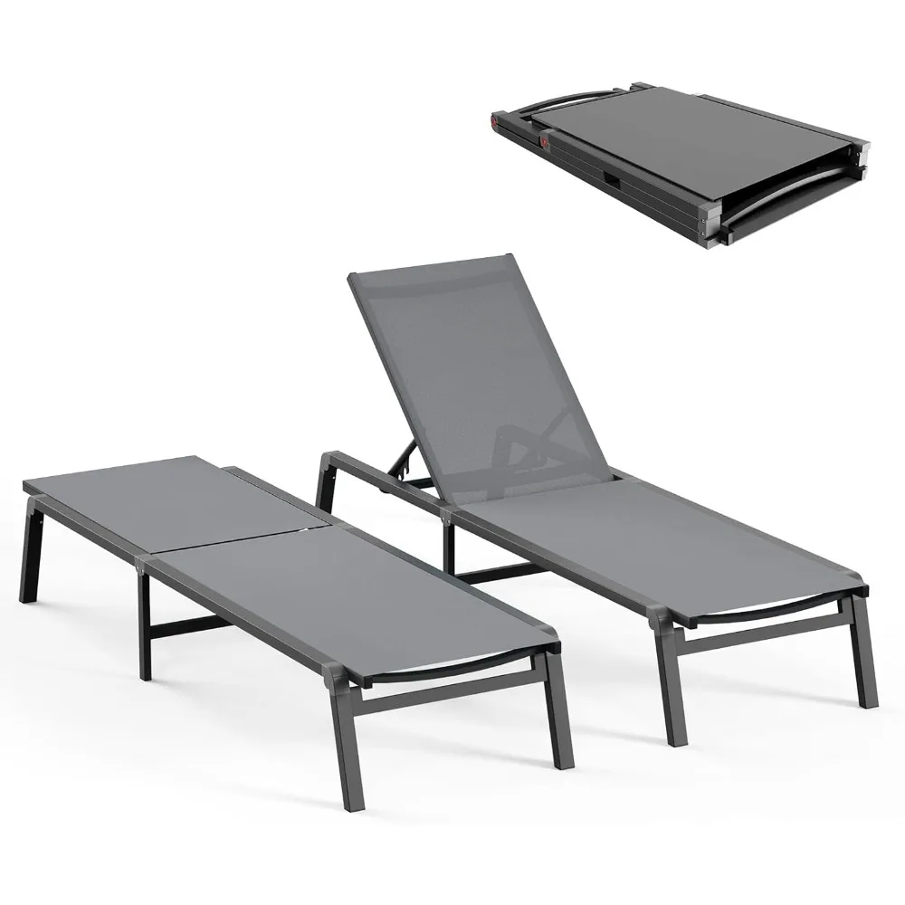 

Set of 2 Aluminum Patio Chaise Lounge Chairs Foldable Outdoor Pool Side Chairs with 5 Adjustable Backrests for Garden Relaxation