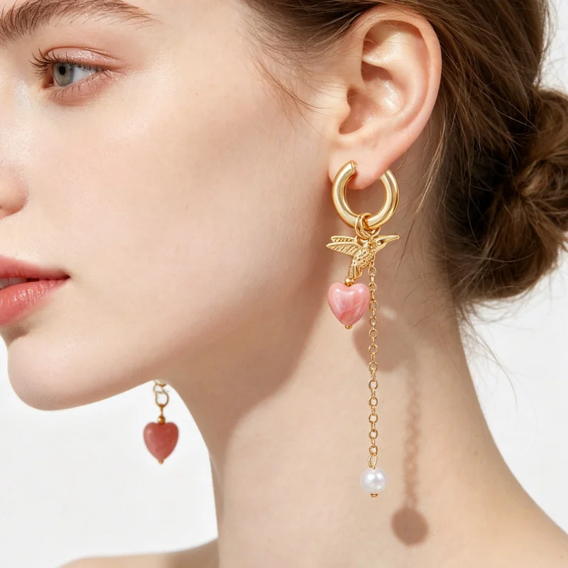 Fashion Heart Bird Pearl Asymmetry Earrings French Retro Fashion Luxury Accessories Women Jewelry Wedding Part Gifts eh340