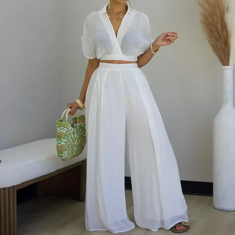 Solid Loose Casual 2 Piece Set for Woman Outfit Summer Clothes Holiday Crop Top and Wide Leg Pants Matching Sets Jogging Femme