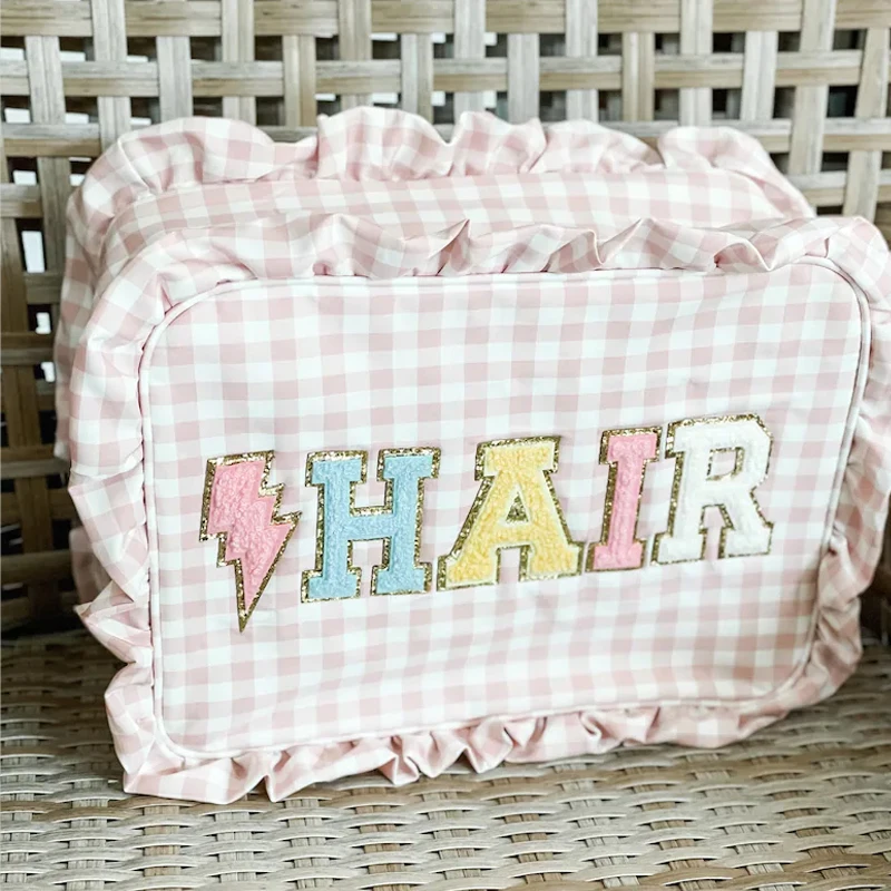 10pcs/set Ruffle Customized Cosmetic Makeup Bag Wholesale Travel Bag Personalized Gingham Cosmetic Bag Birthday Party Gift