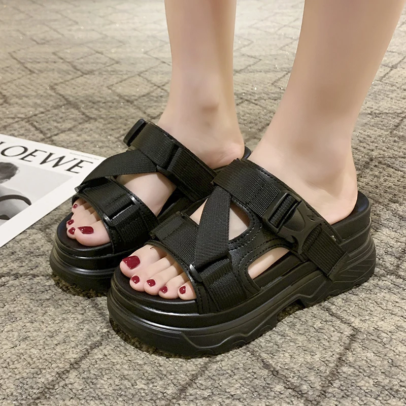 LazySeal Buckle Wedge Heels Women Slippers Solid Color Platform Sandals Women 2023 New Shoes New Modern Ladies Shoes zapatos 43