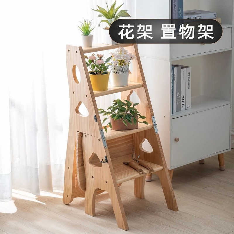 Home Furniture Solid Wood Household Multifunctional Folding Ladder Dual-use Chair Indoor Climbing Four Step Zigzag Step Stools