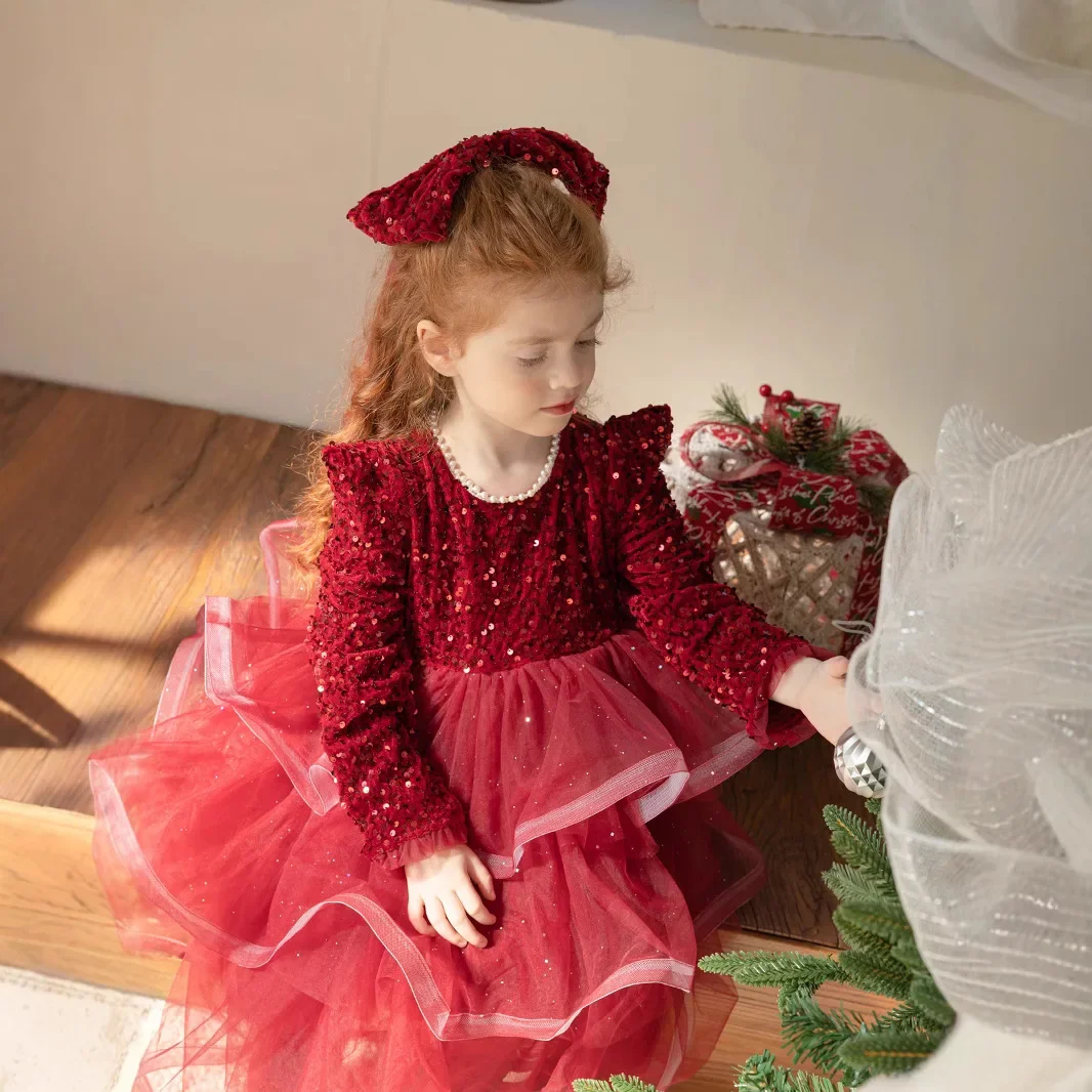 

Baby Girls Dress Fashion Sweet Glitter Spliced Tulle Tiered Dress 2024 Autumn Winter New Style Childrens Formal Princess Dress