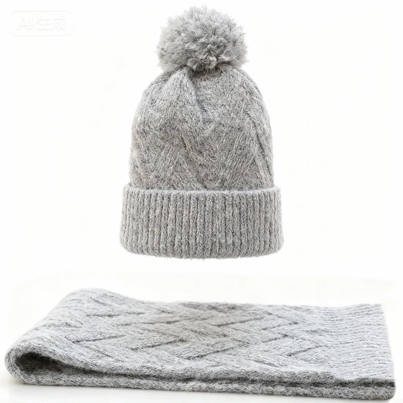 Conjunto de duas peças de cachecol de chapéu de malha, inverno com chapéu de lã de mistura de lã grossa e quente, proteção para os ouvidos, versátil e rosto pequeno