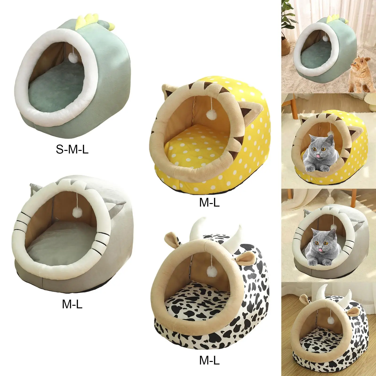 Cute Kennel Pad with Hanging Toy Furniture Anti Slip Basket Dog Soft Warm Comfortable Cave Bed Pet House Nest for Kitten Rabbit