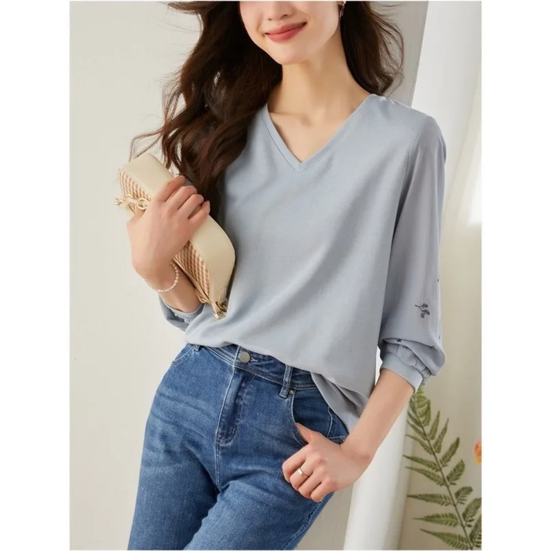 Femme Spring Autumn Korean Fashion Printing Solid Color V-neck Pullovers Women Clothing Elegant Simplicity Patchwork Long Sleeve