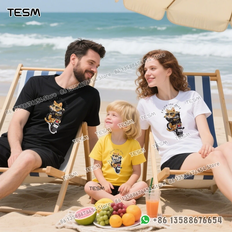 TESM العصرية كول القط طباعة الرجال القطن تي شيرت عادية فضفاض قصيرة الأكمام حفلة الوالدين والطفل الزي أمي أبي الأسرة عطلة