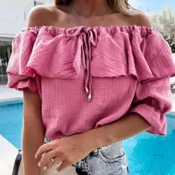 Fashion Sexy Ruffle Women Blouse Shirt Summer Casual Tie-Up Drawstring Tops Pullover Solid Color Elegant Off Shoulder Shirt Chic