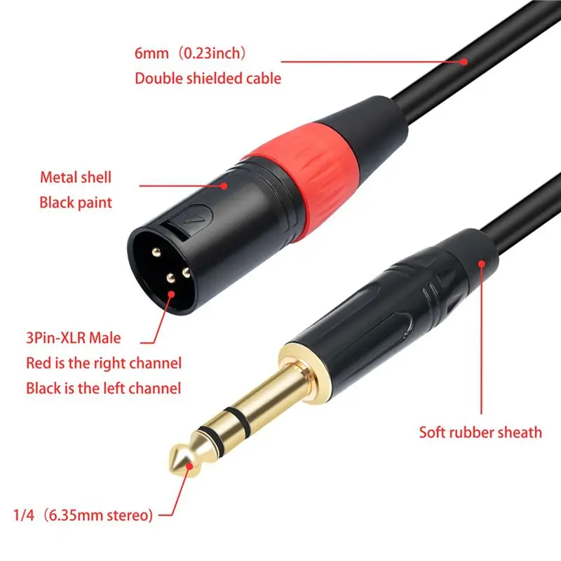 AS95 2X 6.35mm TRS Stereo to Double XLR Male Audio Cable Y Splitter Extension Cord 3m for DJ Mixer