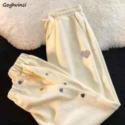 Casual Pants Women High Waist Elastic Drawstring Solid Simple Loose Pencil Trousers Fashion Covered Button Appliques-love Chic