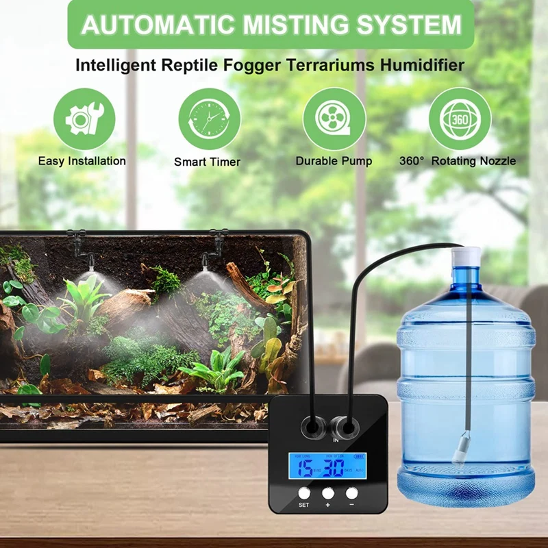 Reptile Humidifier, Misting System For Reptile Terrariums, Automatic Reptile Mister With Timer, 360° Spray Nozzles