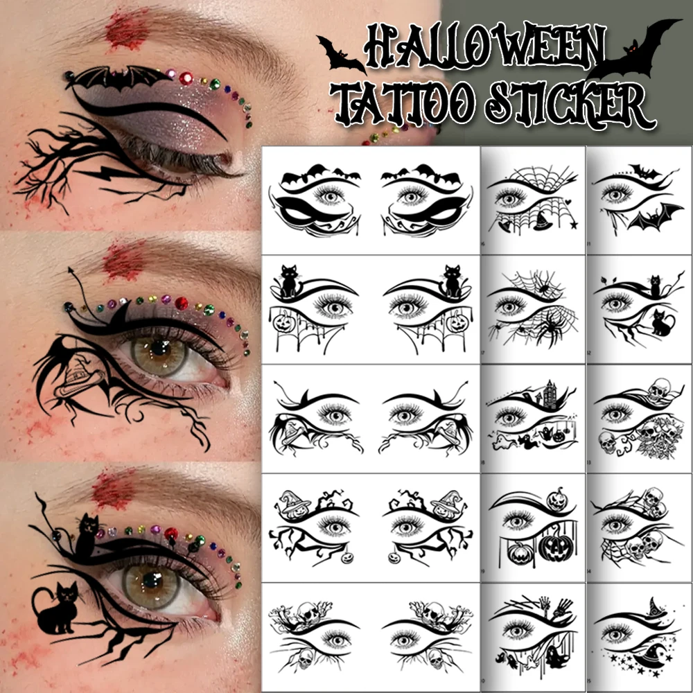 Halloween Eye Corner Tattoo Sticker 10Sheets/set Waterproof Long Lasting Pumpkins Kittens Trees Spiders Pattern Temporary Tattoo