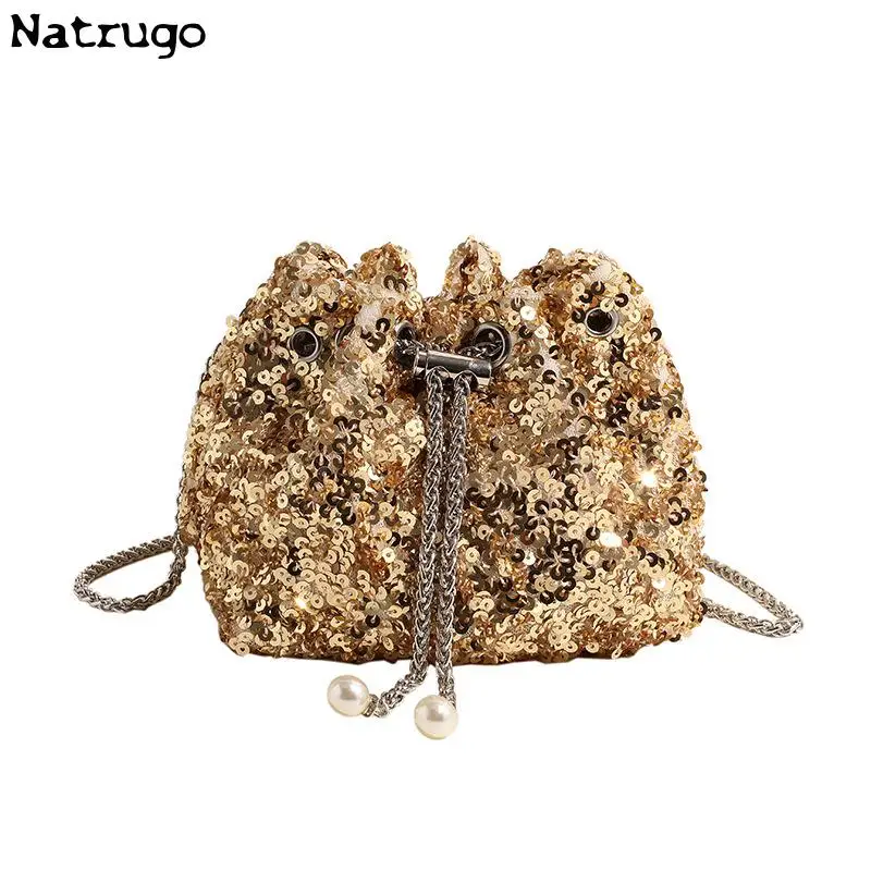 Luxury Banquet Sequin Shoulder Bag Fashion Bucket Shiny Handbags Gold Silver Underarm Chain Crossbody Bags For Women Girl