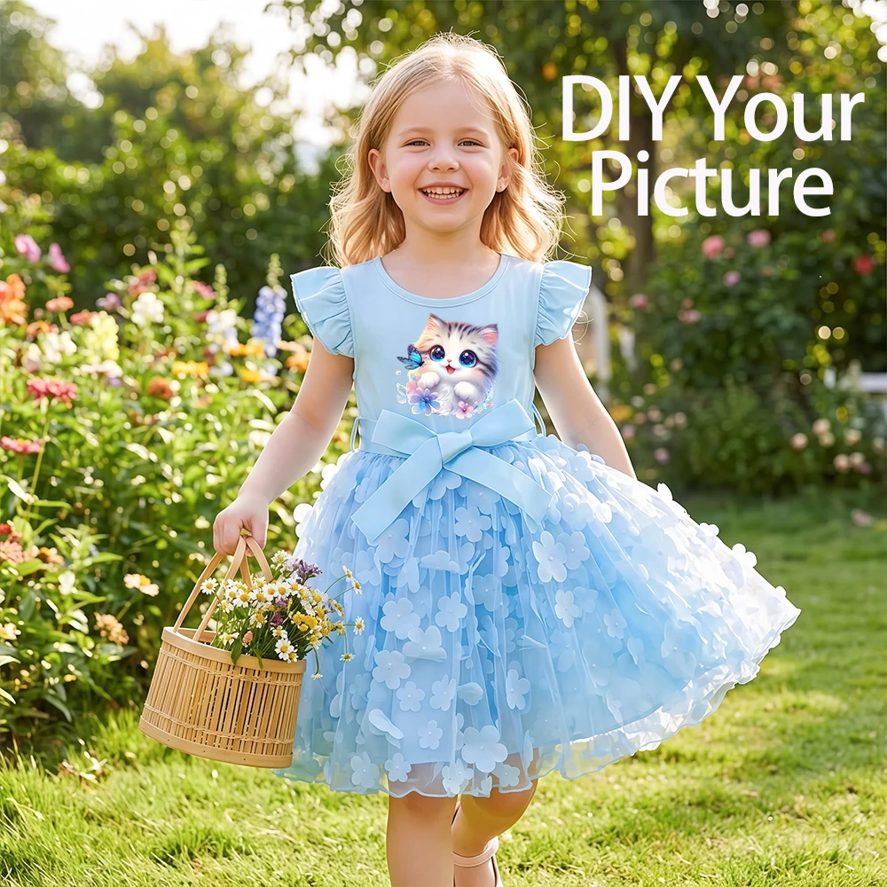 DIY Customized Your Picture Cat Girls Summer Dress Cartoon Bow Tutu Dress Butterfly Cotton Party Casual Dress for Baby 2-6 Years