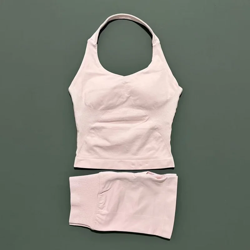 2-delige sportgymset voor dames, lange tanktop met bandjes, gevoerde yogakleding, naadloze sportshorts, fitness hardloop trainingspak