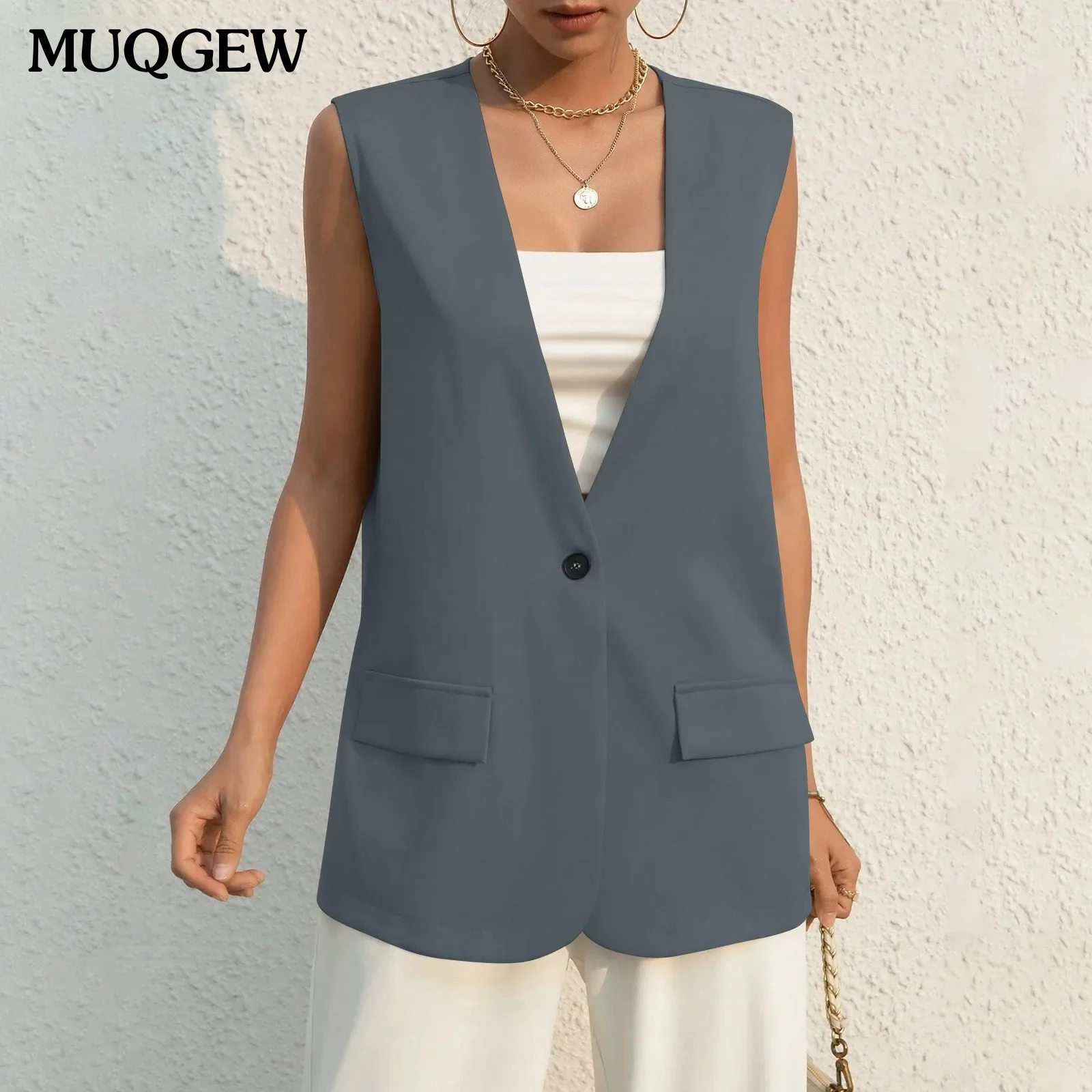 Blazer Vest For Women Waistcoat Pink Fashion Single Button Tops Vintage V Neck Sleeveless Outerwear Chic Vests Femme