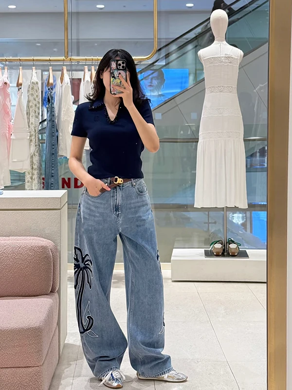High Waist Embroidered Coconut Tree Decorative Side Fashion Floral Chinese Style Jeans Cotton Straight Leg Ladies Summer