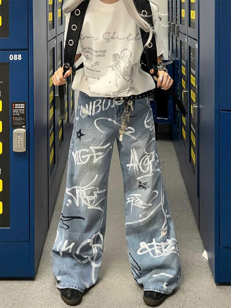 Женские мешковатые джинсы с граффити в стиле гранж в американском стиле ретро Harajuku High Street 2000-х годов, широкие джинсы Y2k, японские джинсовые брюки, новинка в стиле хип-поп