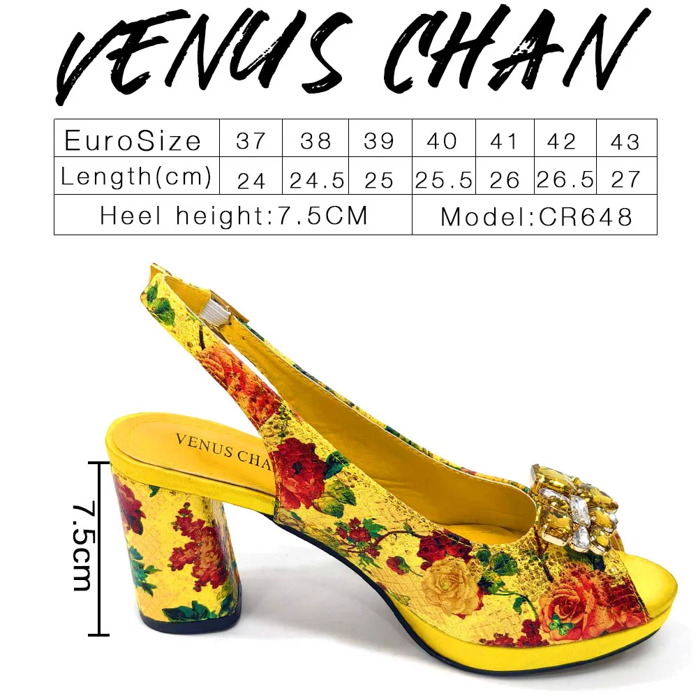 Elegant Women Heels for Peep Toe Good Material Design Rhinestone Yellow Sandals Italian Shoes and Bags Matching Set 2024