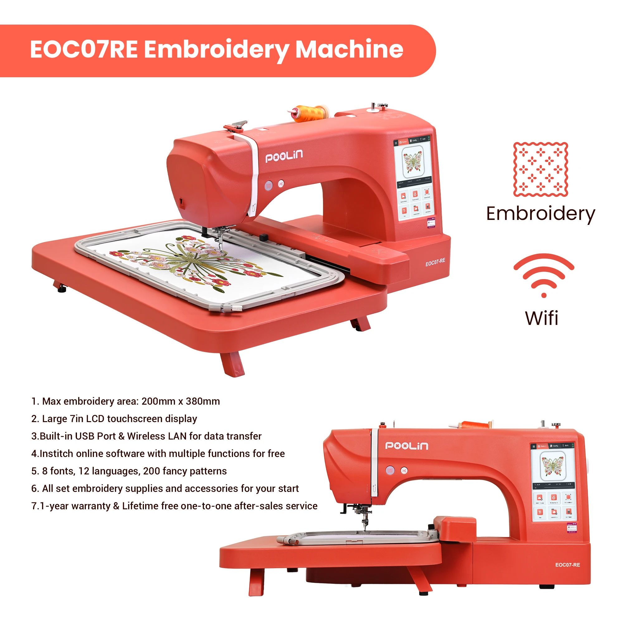PooLin EOC07-RE Single Head Home Embroidery Machine Beginners 200*380mm Hoop Area 7