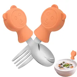 Kids Spoon Fork Set Spoon Fork For Baby With A Cute Cartoon Bear Handle Anti-fall Safe Toddler Utensils Set For Kids Food Feed