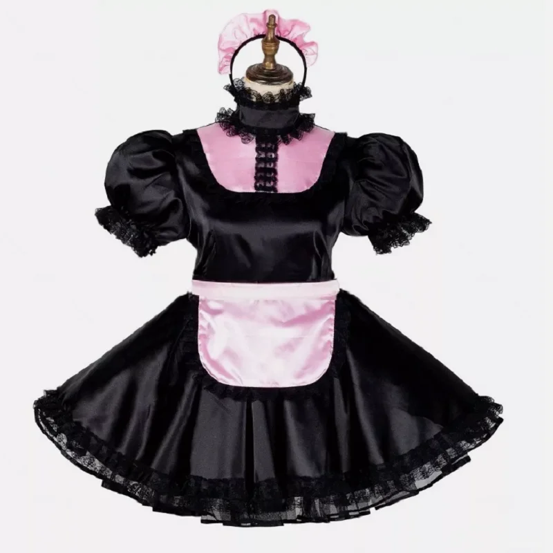 Maid Girl Sissy Abschließbares schwarzes Satinkleid Cosplay-Kostüme Maßgeschneidert