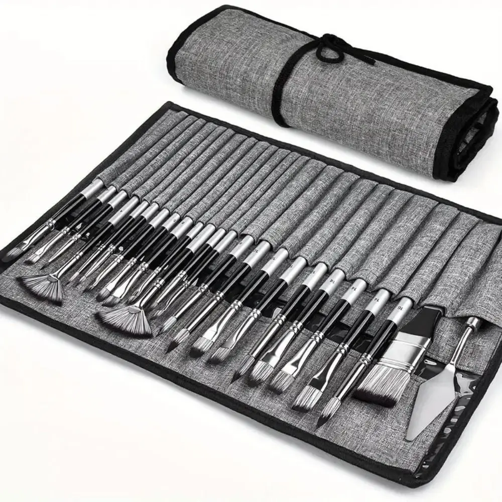 Cloth Roll 24Pcs Artist Paint Brushes Set with Scraper Delicate Watercolor Brush Pen Wooden Handle Nylon Hair