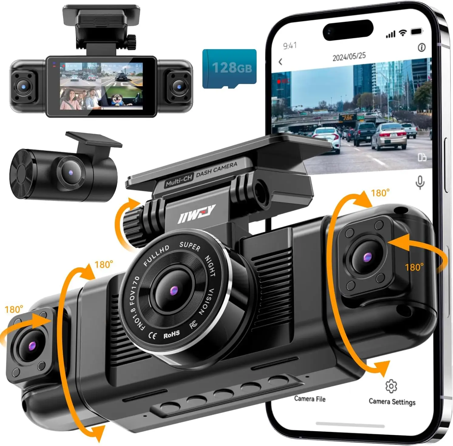 4 Channel Dashcam with 360° View, 1080P Front, Rear, Inside, Left & Right Recording, 8 IR Lamps Night Vision, 5G WiFi & App Control, G-Sensor, Parking Mode, Includes Free 128GB SD Card for Cars