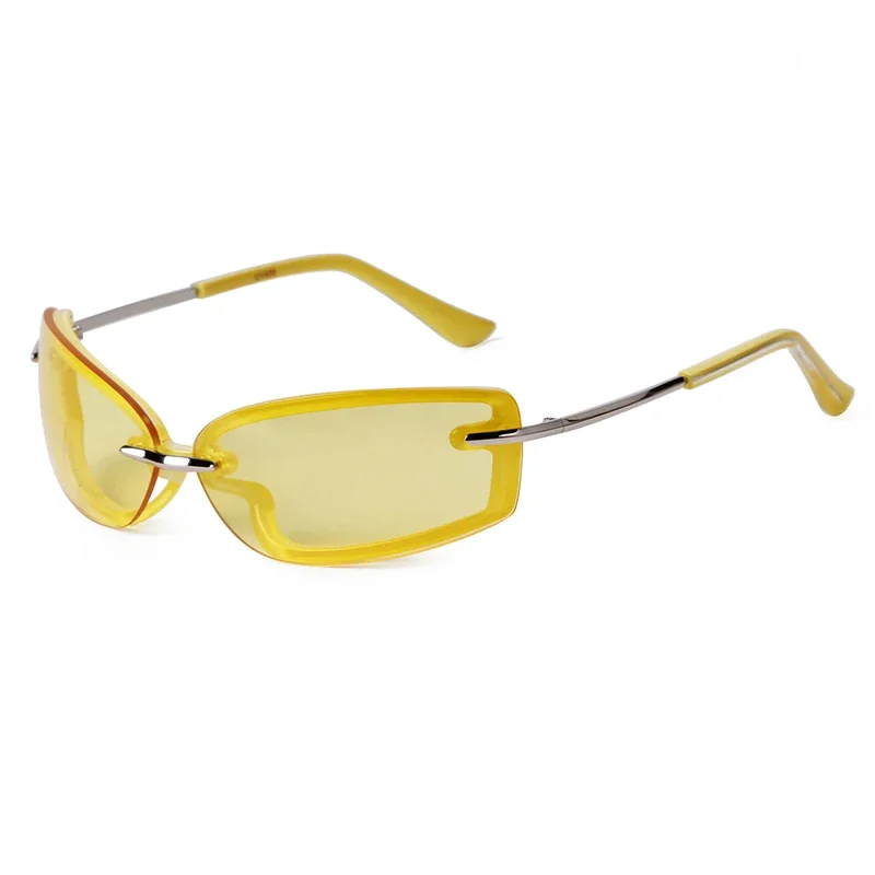 Trend Green Rimless Rectangle Sunglasses Women Men Brand Design 2024 Luxury Goggle Y2K Pink Yellow Lens Sun Glasses UV400 Female