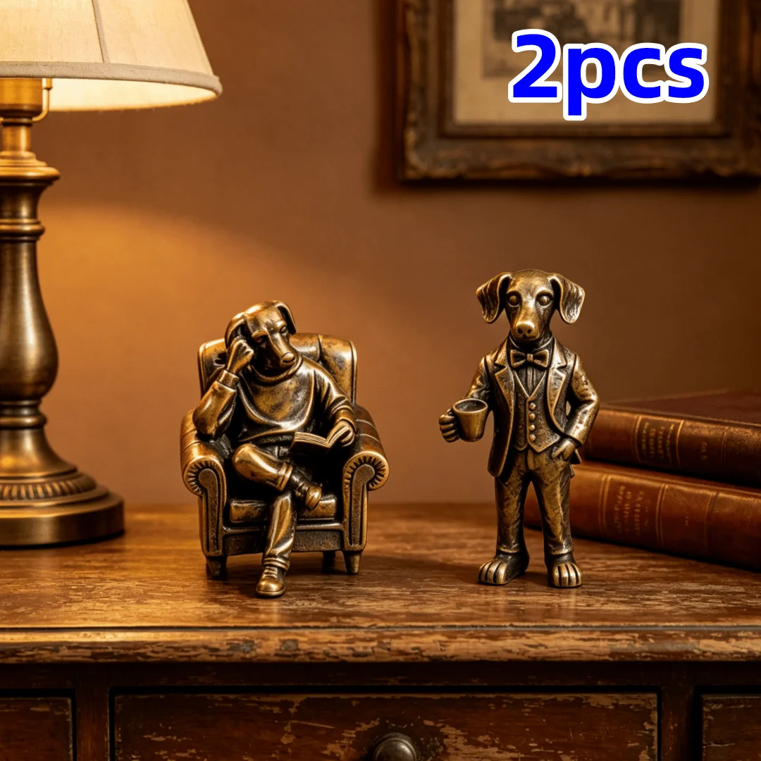 2 Pcs Collectible Figurines Brass Reading Dog Statue Creative Puppy Statue Suitable For Home Office Desk Decor, Perfect Gifts