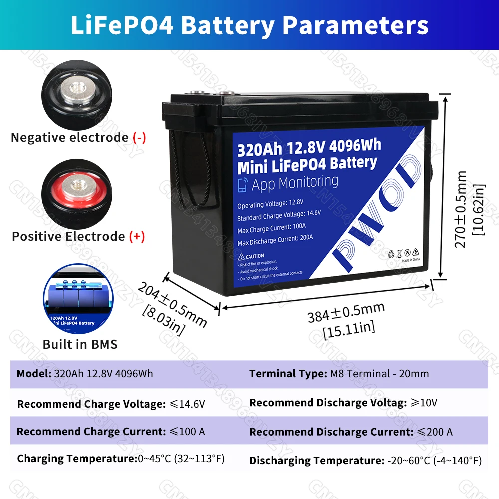 US Stock Lifepo4 12V 320Ah Battery 4096Wh APP Mornitoring Brand New Rechargeable LFP Batteries Pack Built-in 4S 200A BMS 8000+ Cycles Grade A Lithium Iron Phosphate Cells Mini Size DIY 4 Series/Parallel For Camping Outdoor Trolling Motors RV Marine Yacht