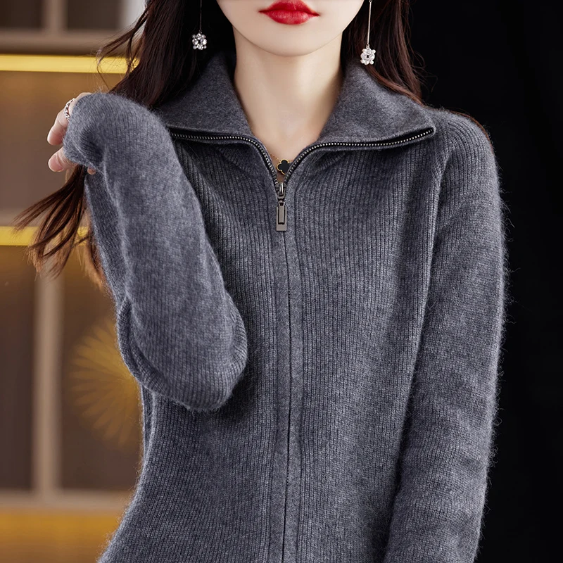 BELIARST 2023 Autumn/Winter New Women\'s Clothing Zipper Cardigan Knitted Sweater Solid Jumper 100% Mink Cashmere BR-093