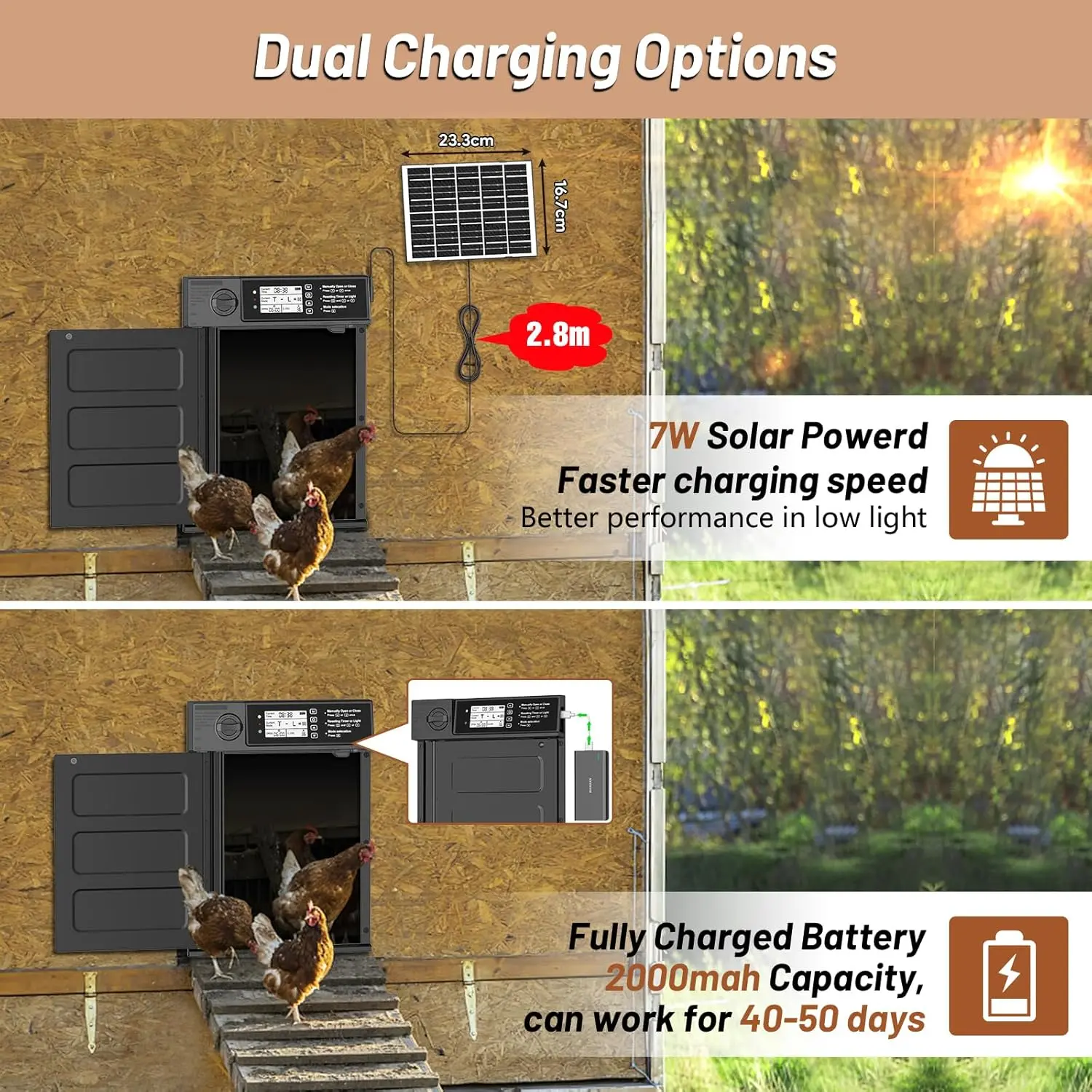 Automatic Chicken Coop Door Solar Powered, Cold Weather Electric Chicken Door Large Size Aluminum Door with Light Sensor & Timer