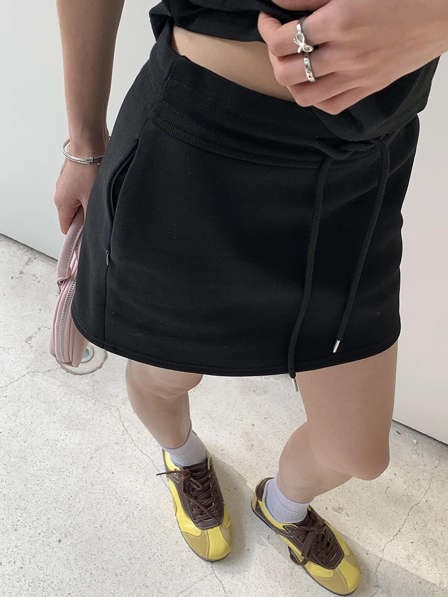 

Solid Color Drawstring Skirt Women Summer Elastic Waist Zipper Pocket Mini Skirts Fashion Casual Sport A-line Faldas Bottom