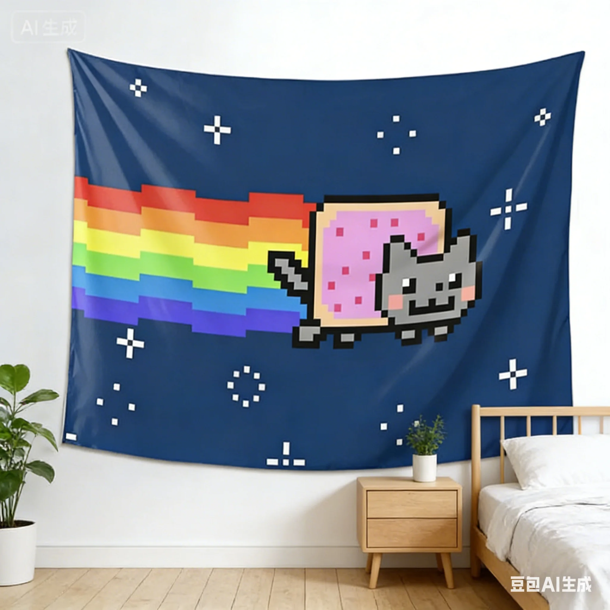 Nyan Cat Pixel Tapestry Multiple Sizes 2D Flat Print Retro 8 Bit Rainbow Cat Polyester Living Room Wall Decor Cute Nostalgia